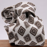 Drake's for Cruciani e Bella Printed 60% Silk 40% Linen Self-Tipped White and Brown Medallion Tie Handmade in London, England 8 cm x 149 cm #5425