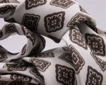 Drake's for Cruciani e Bella Printed 60% Silk 40% Linen Self-Tipped White and Brown Medallion Tie Handmade in London, England 8 cm x 149 cm #5425