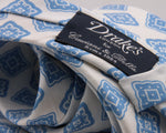 Drake's for Cruciani e Bella Printed 60% Silk 40% Linen Self-Tipped White and Light Blue Medallion Tie Handmade in London, England 8 cm x 149 cm #5426