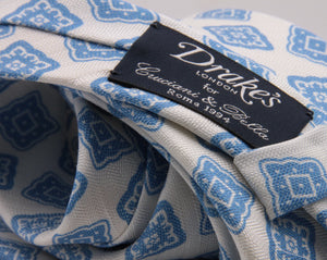 Drake's for Cruciani e Bella Printed 60% Silk 40% Linen Self-Tipped White and Light Blue Medallion Tie Handmade in London, England 8 cm x 149 cm #5426
