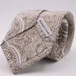 Drake's for Cruciani e Bella Printed 60% Silk 40% Cotton Self-Tipped White and Brown Paysley Motif Tie Handmade in London, England 8 cm x 149 cm #5415