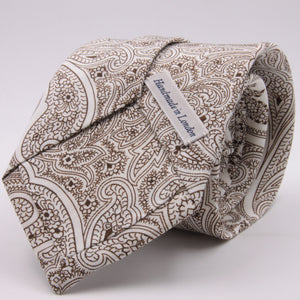 Drake's for Cruciani e Bella Printed 60% Silk 40% Cotton Self-Tipped White and Brown Paysley Motif Tie Handmade in London, England 8 cm x 149 cm #5415