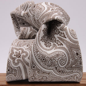 Drake's for Cruciani e Bella Printed 60% Silk 40% Cotton Self-Tipped White and Brown Paysley Motif Tie Handmade in London, England 8 cm x 149 cm #5415