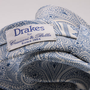 Drake's for Cruciani e Bella Printed 60% Silk 40% Cotton Self-Tipped White and Light Blue Paysley Motif Tie Handmade in London, England 8 cm x 149 cm #5417