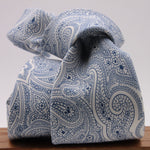Drake's for Cruciani e Bella Printed 60% Silk 40% Cotton Self-Tipped White and Light Blue Paysley Motif Tie Handmade in London, England 8 cm x 149 cm #5417