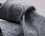 Drake's for Cruciani e Bella Printed 60% Silk 40% Cotton Self-Tipped White and Light Blue Paysley Motif Tie Handmade in London, England 8 cm x 149 cm #5417