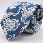 Drake's for Cruciani e Bella Printed 60% Silk 40% Cotton Self-Tipped Blue and White Paysley Motif Tie Handmade in London, England 8 cm x 149 cm #5420
