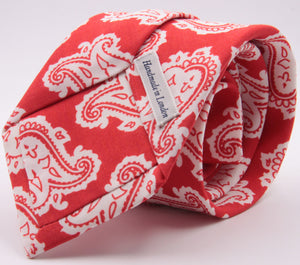Drake's for Cruciani e Bella Printed 60% Silk 40% Cotton Self-Tipped Red and White Paysley Motif Tie Handmade in London, England 8 cm x 149 cm #5427