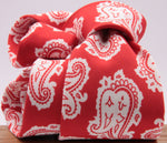 Drake's for Cruciani e Bella Printed 60% Silk 40% Cotton Self-Tipped Red and White Paysley Motif Tie Handmade in London, England 8 cm x 149 cm #5427