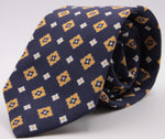 Drake's for Cruciani e Bella Printed 60% Silk 40% Cotton Self-Tipped Blue, Yellow and White Motif Tie  Handmade in London, England 8 cm x 149 cm