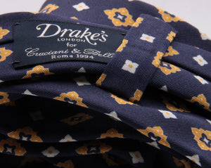 Drake's for Cruciani e Bella Printed 60% Silk 40% Cotton Self-Tipped Blue, Yellow and White Motif Tie  Handmade in London, England 8 cm x 149 cm #5430