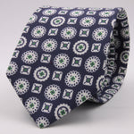 Drake's for Cruciani e Bella Printed 60% Silk 40% Cotton Self-Tipped Blue, Green and White Motif Tie  Handmade in London, England 8 cm x 149 cm #5423