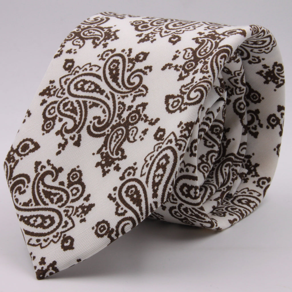 Drake's for Cruciani e Bella Printed 60% Silk 40% Cotton Self-Tipped Brown and White Paysley Motif Tie Handmade in London, England 8 cm x 149 cm #5411