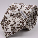 Drake's for Cruciani e Bella Printed 60% Silk 40% Cotton Self-Tipped Brown and White Paysley Motif Tie Handmade in London, England 8 cm x 149 cm #5411