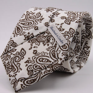 Drake's for Cruciani e Bella Printed 60% Silk 40% Cotton Self-Tipped Brown and White Paysley Motif Tie Handmade in London, England 8 cm x 149 cm #5411