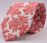 Drake's for Cruciani e Bella Printed 60% Silk 40% Cotton Self-Tipped Red and White Paysley Motif Tie Handmade in London, England 8 cm x 149 cm #5414