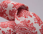 Drake's for Cruciani e Bella Printed 60% Silk 40% Cotton Self-Tipped Red and White Paysley Motif Tie Handmade in London, England 8 cm x 149 cm #5414