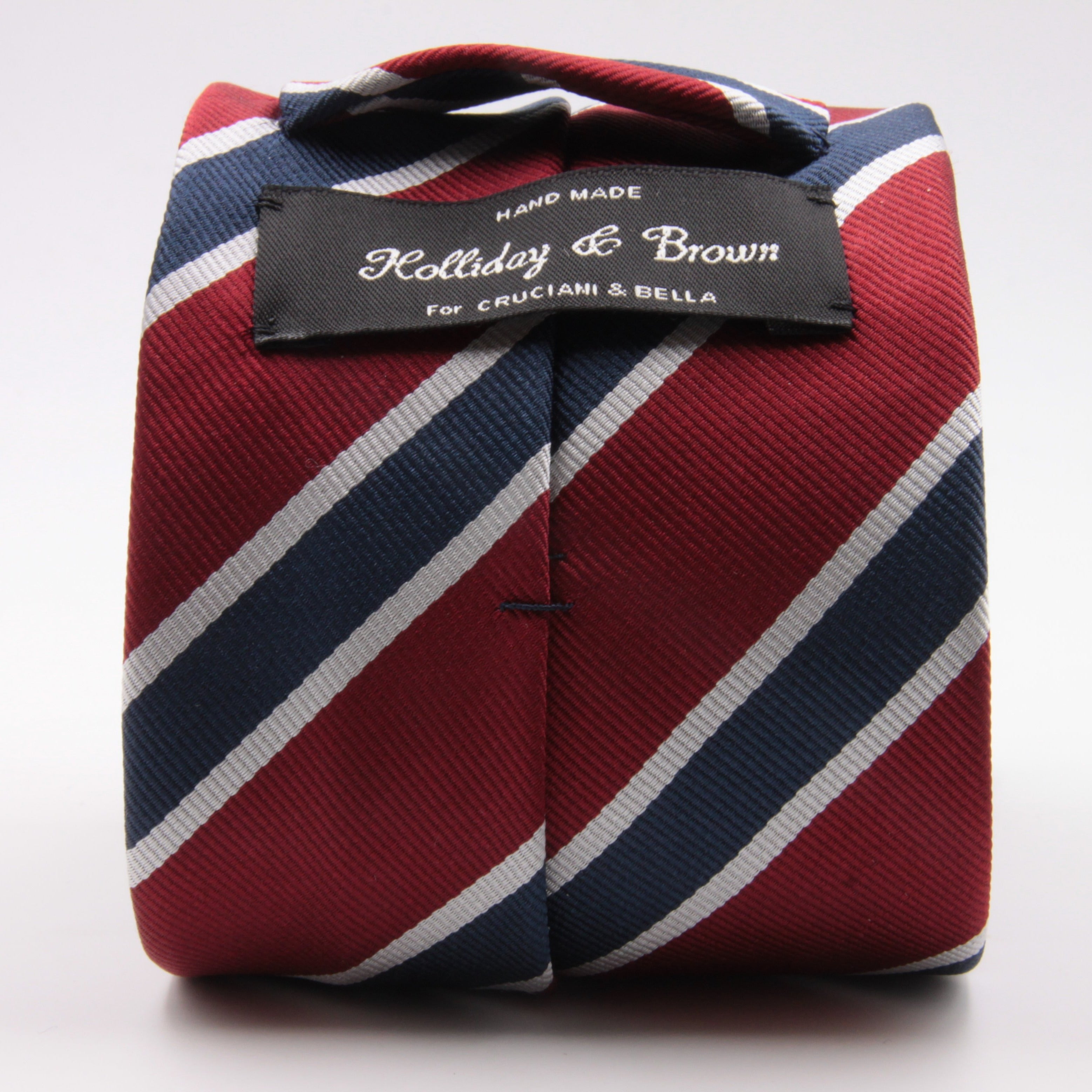 Holliday & Brown for Cruciani & Bella 100% Silk Jacquard  Regimental "Old Finchley" Red, Blue and White stripes tie Handmade in Italy 8 cm x 150 cm #5435