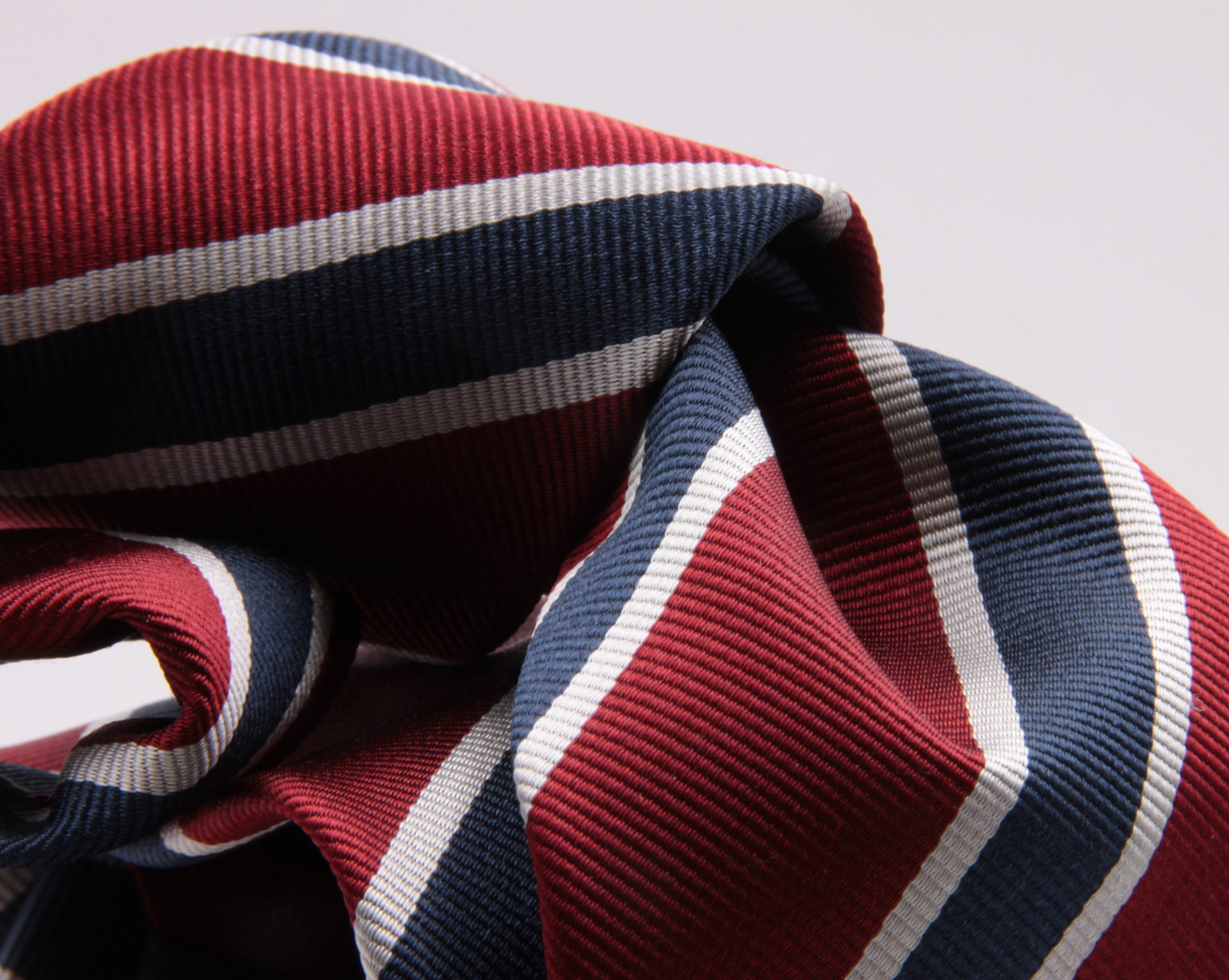 Holliday & Brown for Cruciani & Bella 100% Silk Jacquard  Regimental "Old Finchley" Red, Blue and White stripes tie Handmade in Italy 8 cm x 150 cm #5435