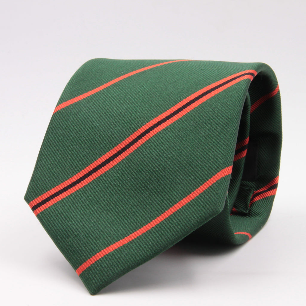 Holliday & Brown for Cruciani & Bella 100% Silk Jacquard  Regimental "11th London Regiment" Green, Orange and Black stripes tie Handmade in Italy 8 cm x 150 cm #5439