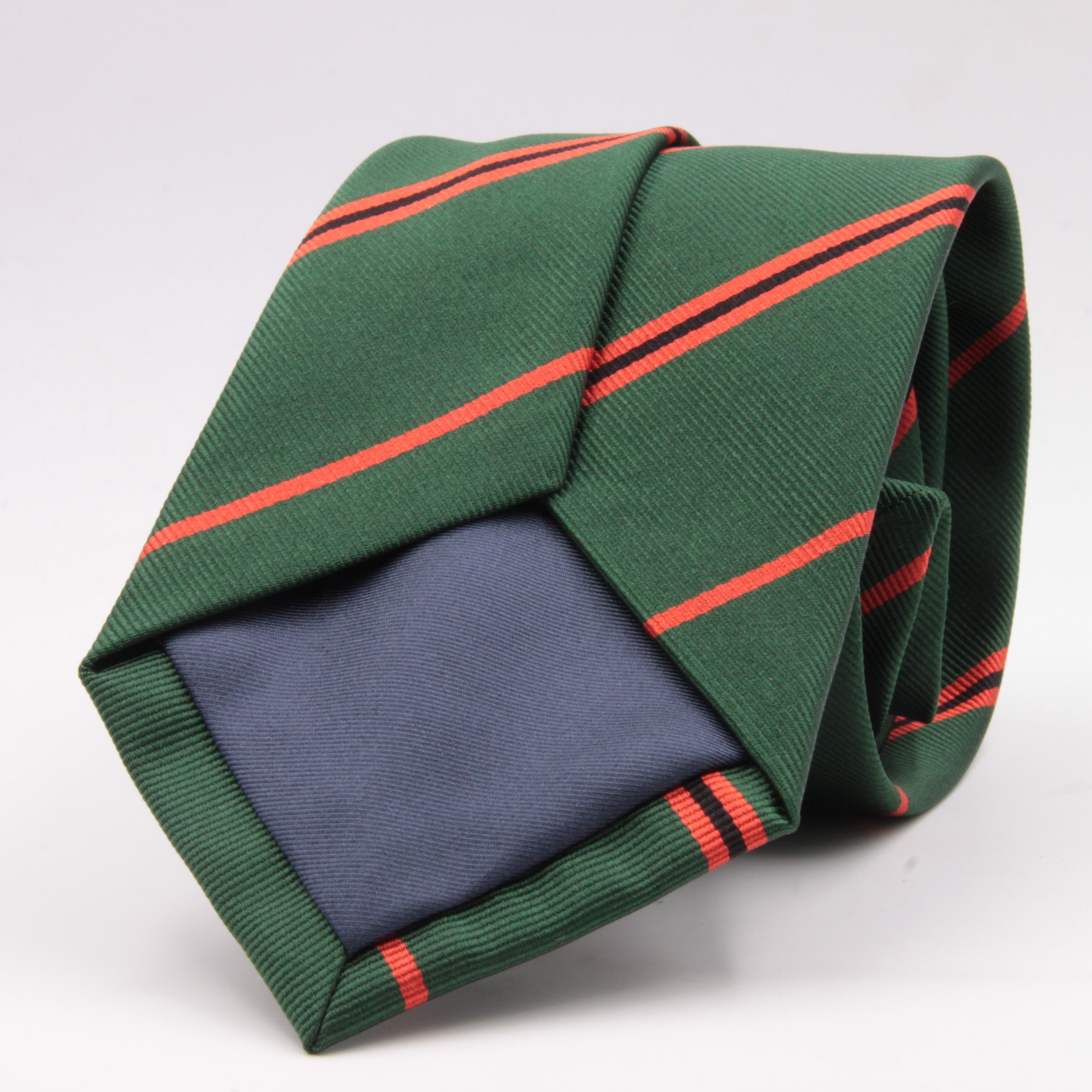 Holliday & Brown for Cruciani & Bella 100% Silk Jacquard  Regimental "11th London Regiment" Green, Orange and Black stripes tie Handmade in Italy 8 cm x 150 cm #5439