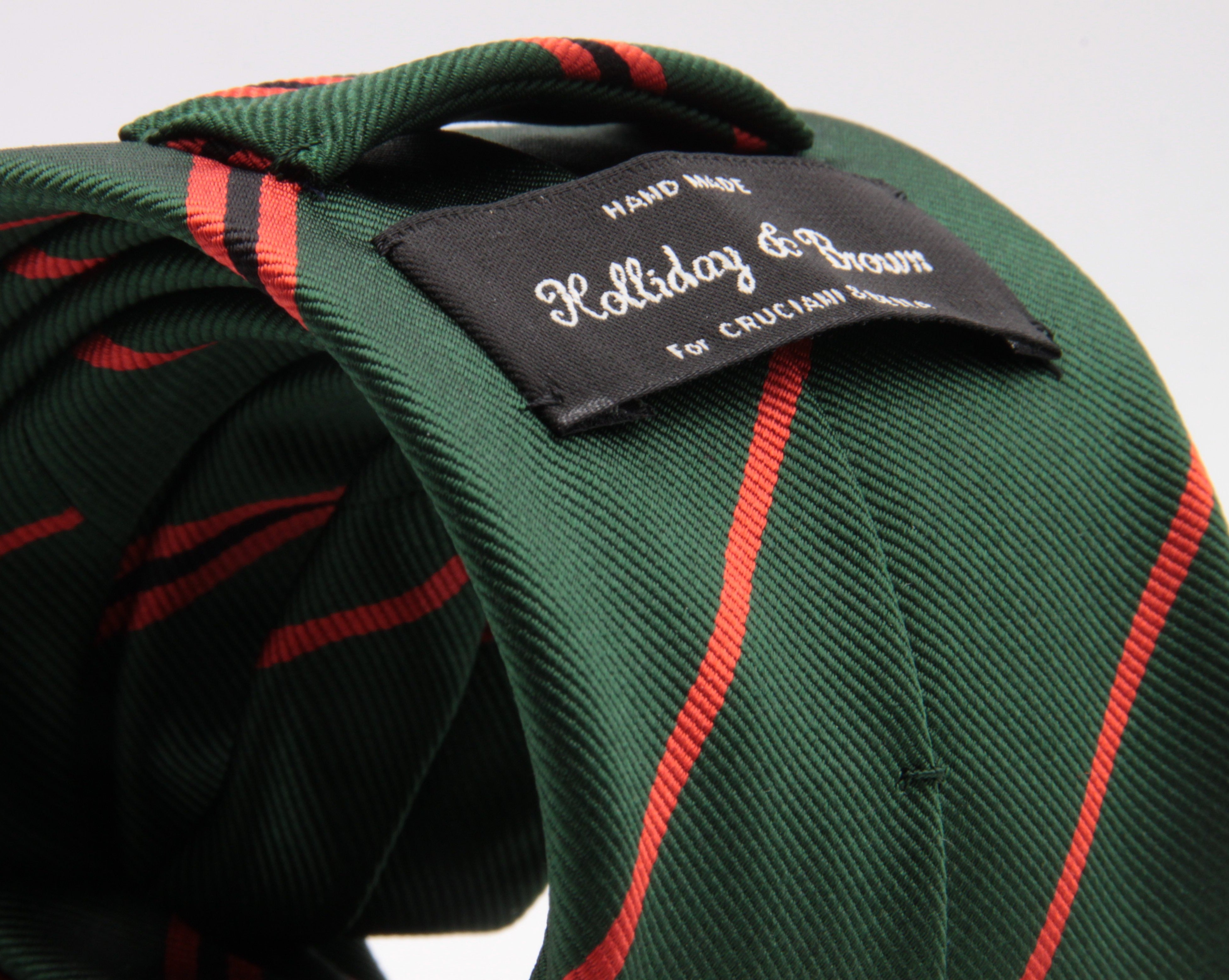 Holliday & Brown for Cruciani & Bella 100% Silk Jacquard  Regimental "11th London Regiment" Green, Orange and Black stripes tie Handmade in Italy 8 cm x 150 cm #5439