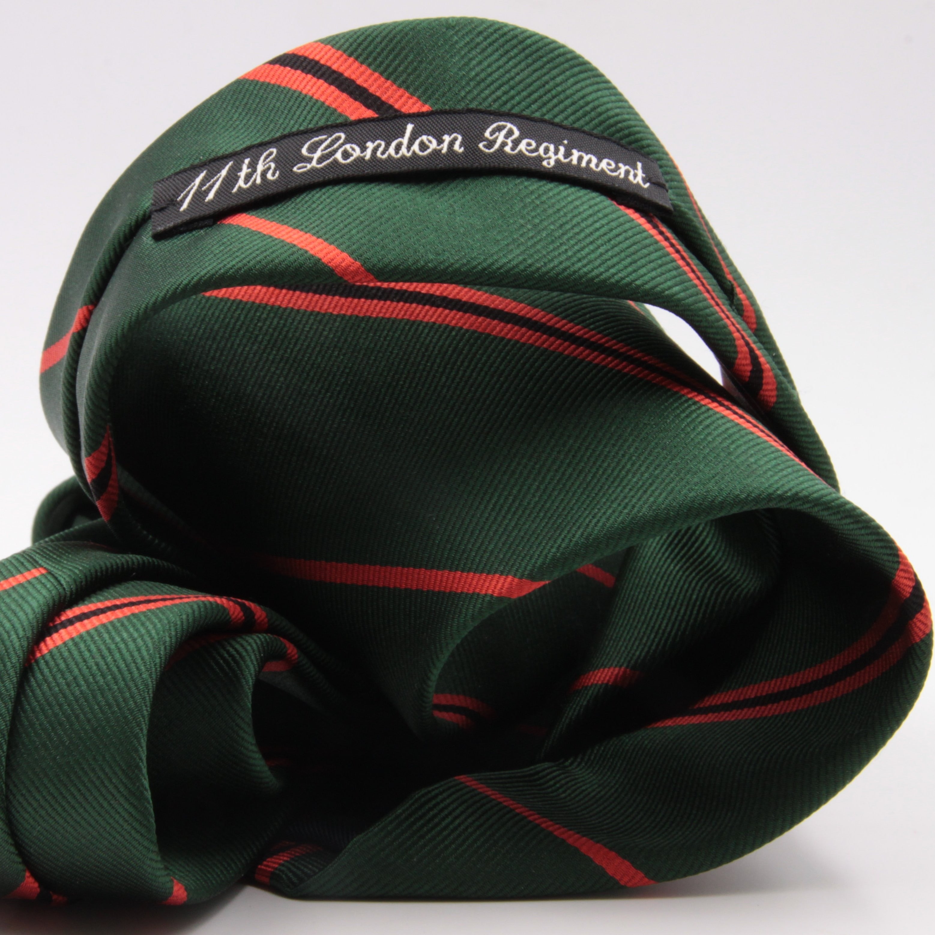 Holliday & Brown for Cruciani & Bella 100% Silk Jacquard  Regimental "11th London Regiment" Green, Orange and Black stripes tie Handmade in Italy 8 cm x 150 cm #5439