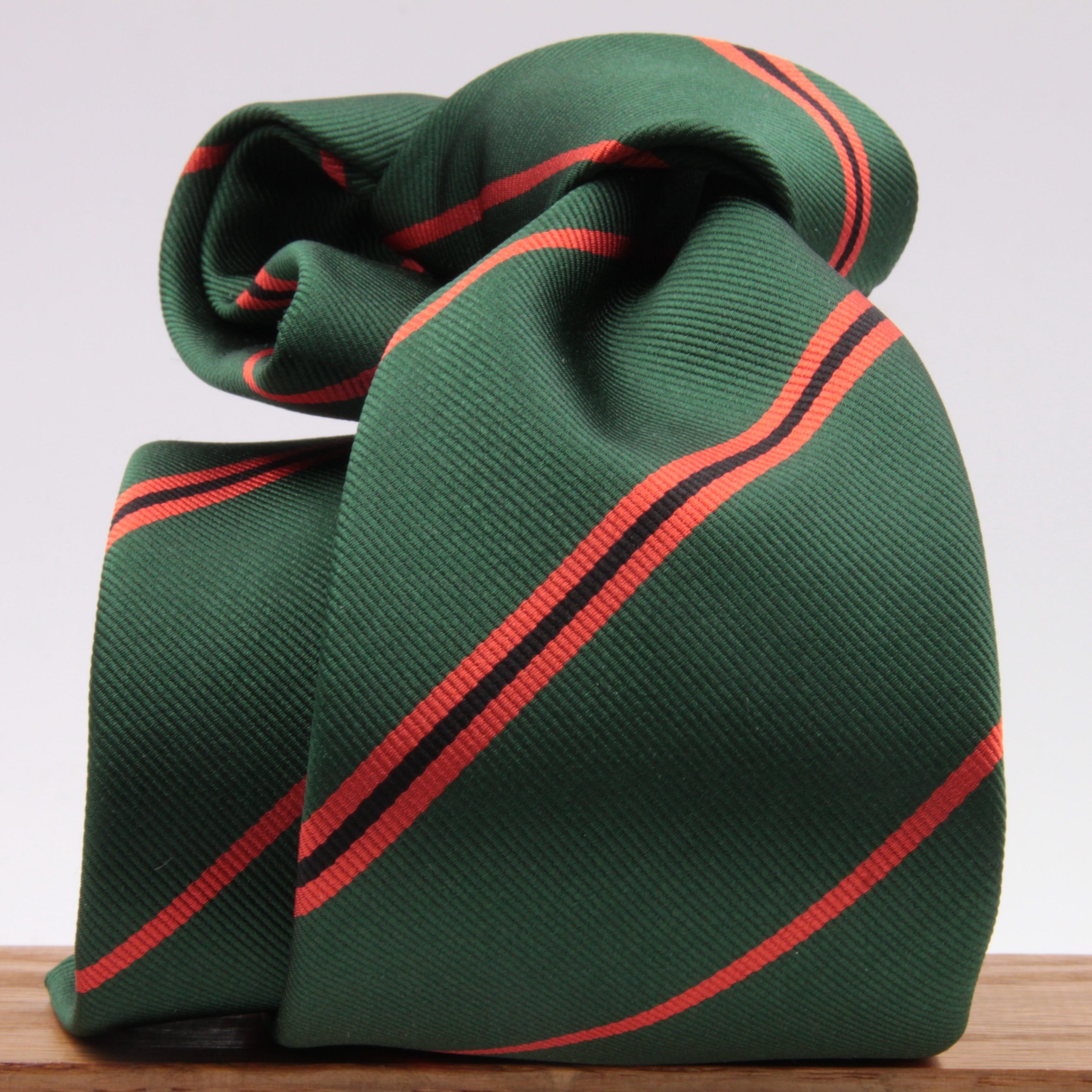 Holliday & Brown for Cruciani & Bella 100% Silk Jacquard  Regimental "11th London Regiment" Green, Orange and Black stripes tie Handmade in Italy 8 cm x 150 cm #5439