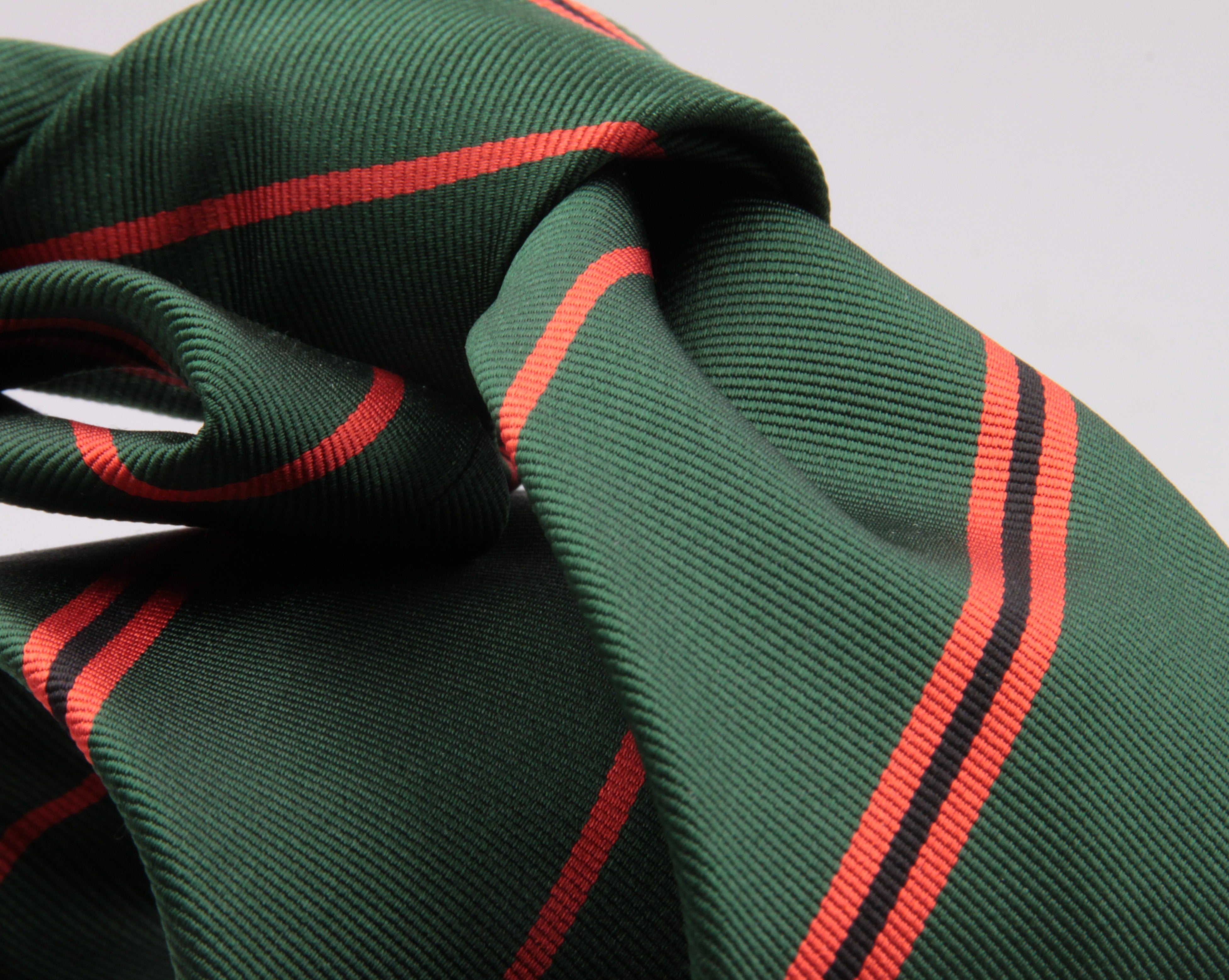 Holliday & Brown for Cruciani & Bella 100% Silk Jacquard  Regimental "11th London Regiment" Green, Orange and Black stripes tie Handmade in Italy 8 cm x 150 cm #5439