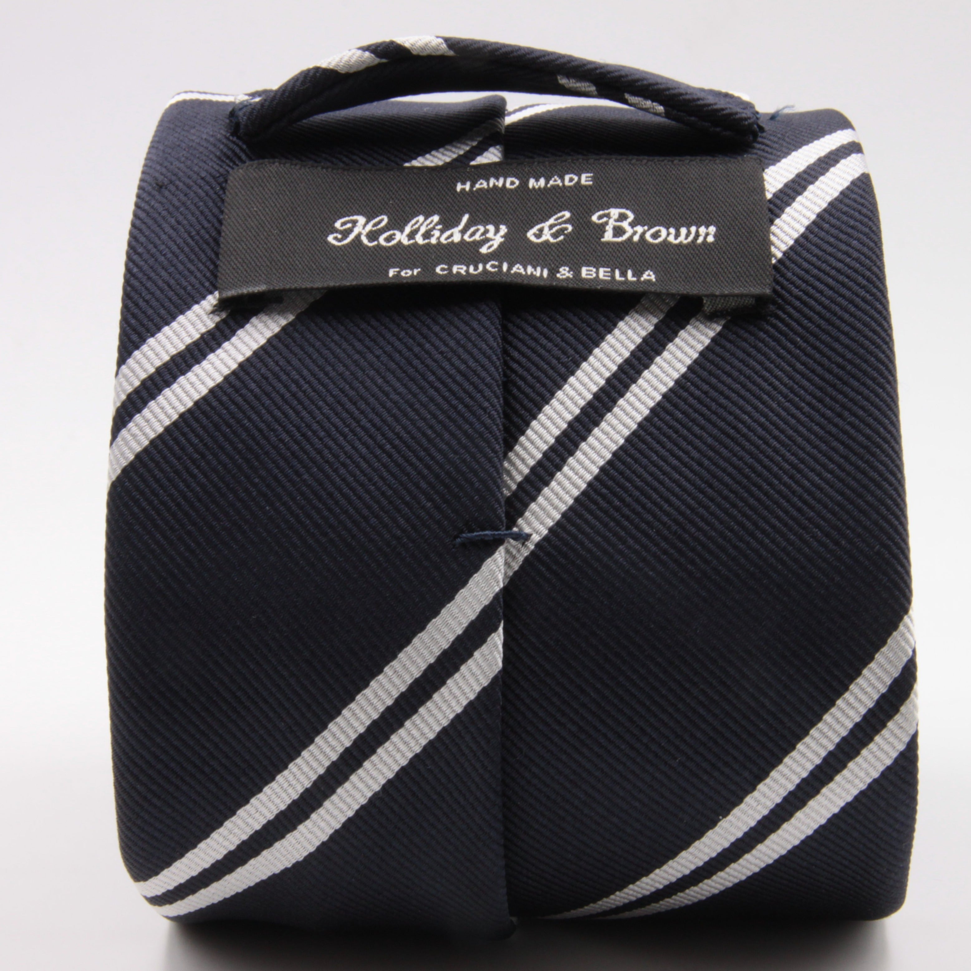 Holliday & Brown for Cruciani & Bella 100% Silk Jacquard  Regimental "Old Harovians" Blue and white stripe tie Handmade in Italy 8 cm x 150 cm