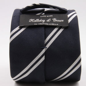 Holliday & Brown for Cruciani & Bella 100% Silk Jacquard  Regimental "Old Harovians" Blue and white stripe tie Handmade in Italy 8 cm x 150 cm