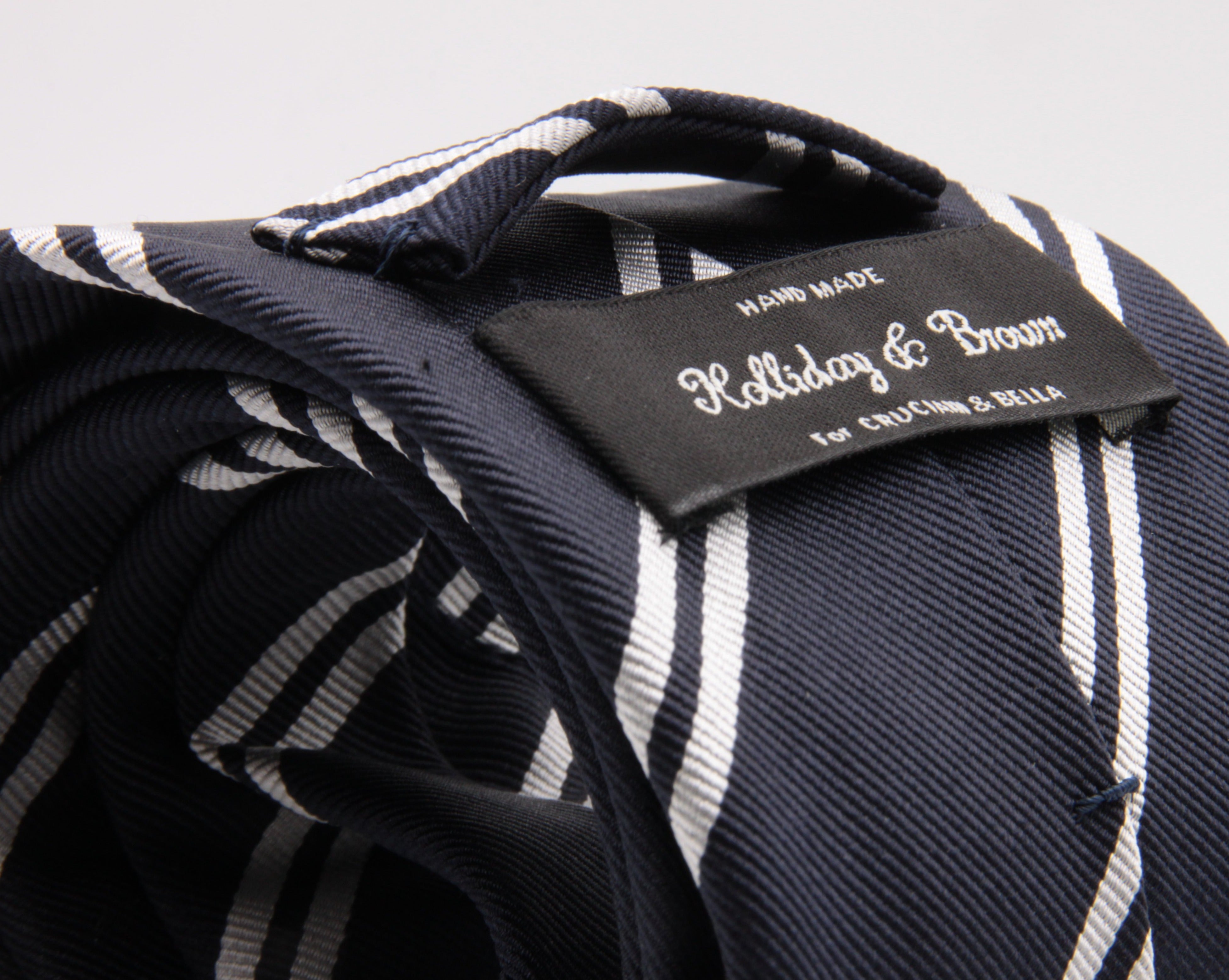 Holliday & Brown for Cruciani & Bella 100% Silk Jacquard  Regimental "Old Harovians" Blue and white stripe tie Handmade in Italy 8 cm x 150 cm