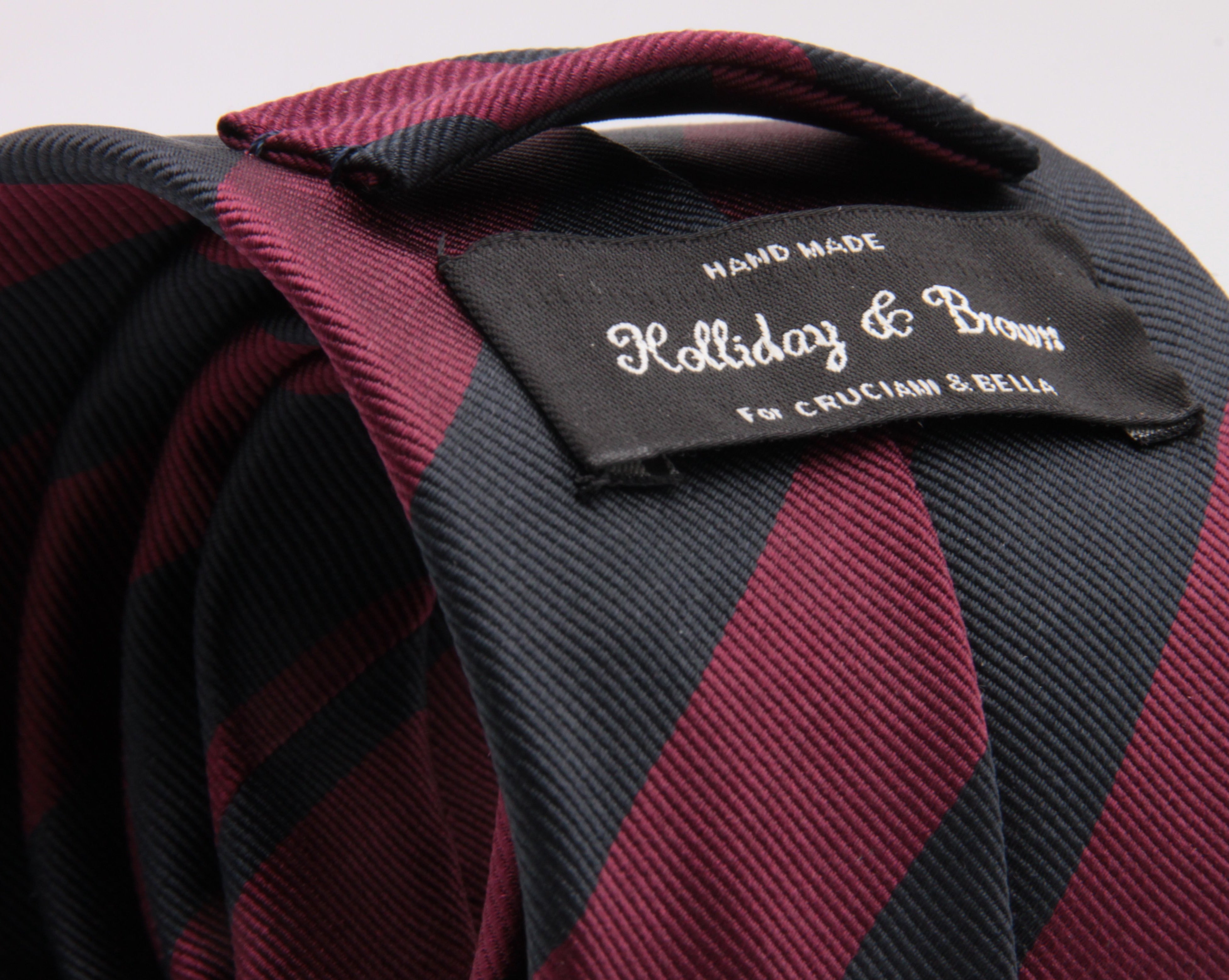 Holliday & Brown for Cruciani & Bella 100% Silk Jacquard  Regimental "Brigade of Guards" Blue Black and Wine stripes tie Handmade in Italy 8 cm x 150 cm #5113