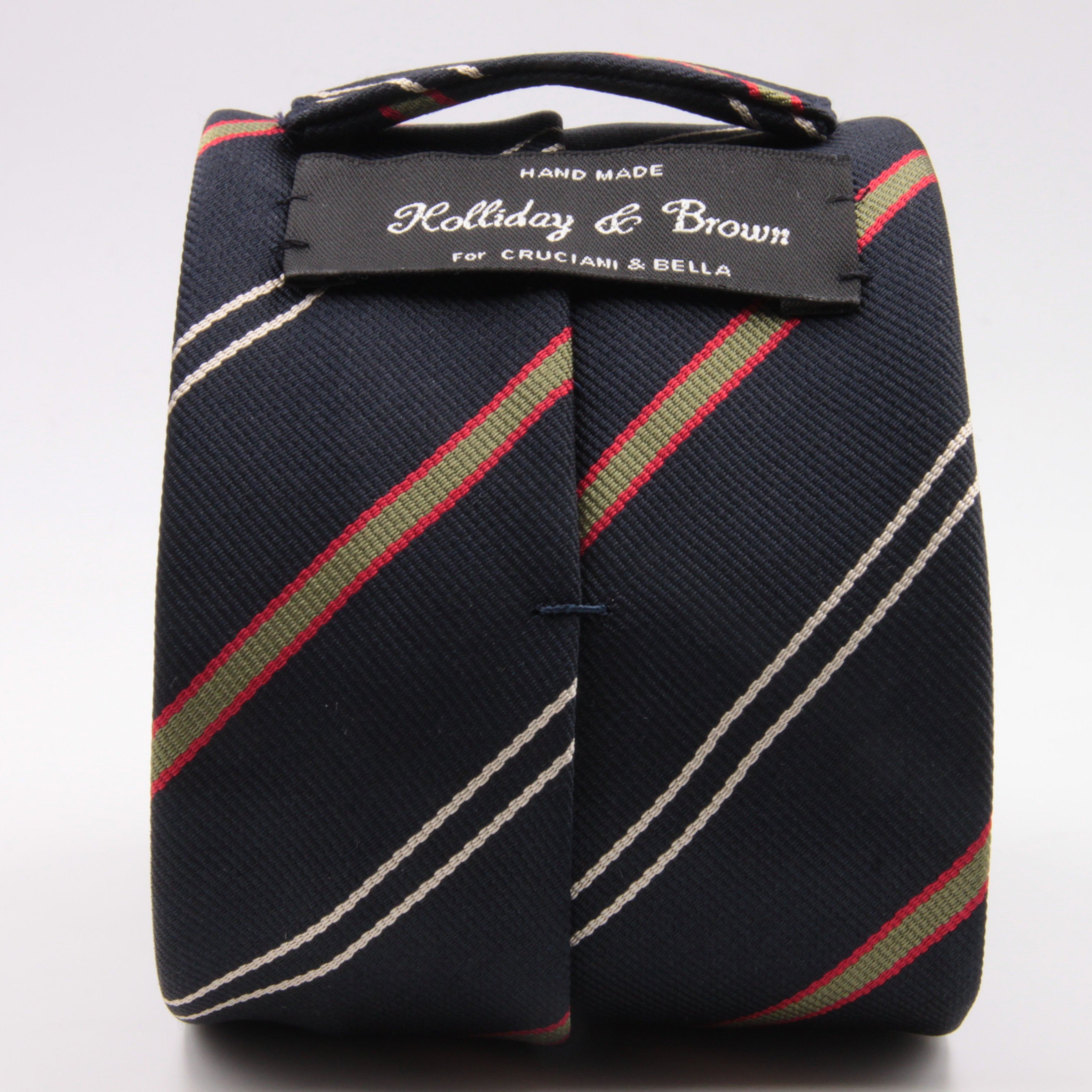 Holliday & Brown for Cruciani & Bella 100% Silk Jacquard  Regimental "Est and West Surrey Regiment Amalgamated" Blue, Olive, Red and White stripes tie Handmade in Italy 8 cm x 150 cm #5115