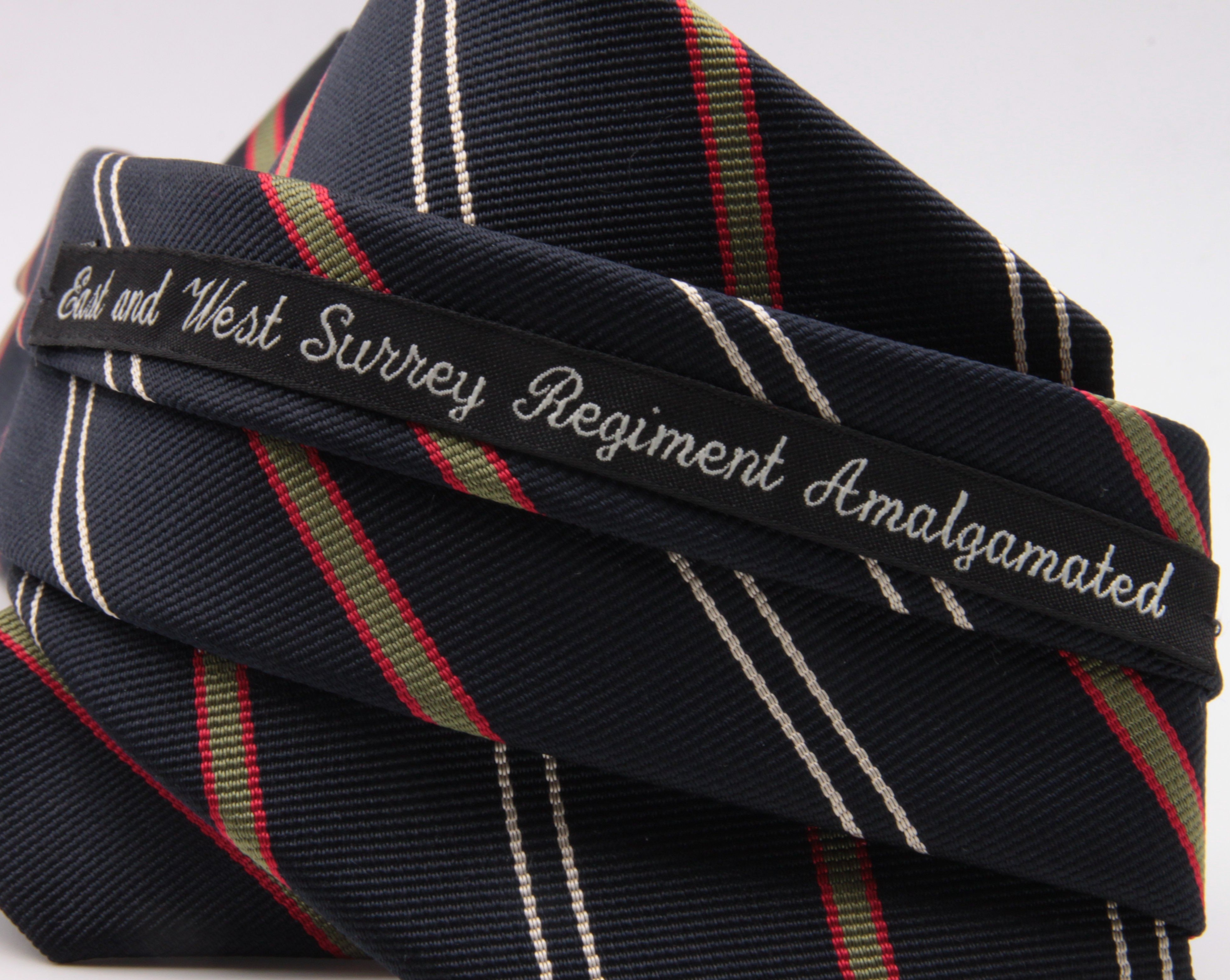 Holliday & Brown for Cruciani & Bella 100% Silk Jacquard  Regimental "Est and West Surrey Regiment Amalgamated" Blue, Olive, Red and White stripes tie Handmade in Italy 8 cm x 150 cm #5115