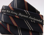 Holliday & Brown for Cruciani & Bella 100% Silk Jacquard  Regimental "Est and West Surrey Regiment Amalgamated" Blue, Olive, Red and White stripes tie Handmade in Italy 8 cm x 150 cm #5115