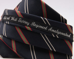 Holliday & Brown for Cruciani & Bella 100% Silk Jacquard  Regimental "Est and West Surrey Regiment Amalgamated" Blue, Olive, Red and White stripes tie Handmade in Italy 8 cm x 150 cm #5115