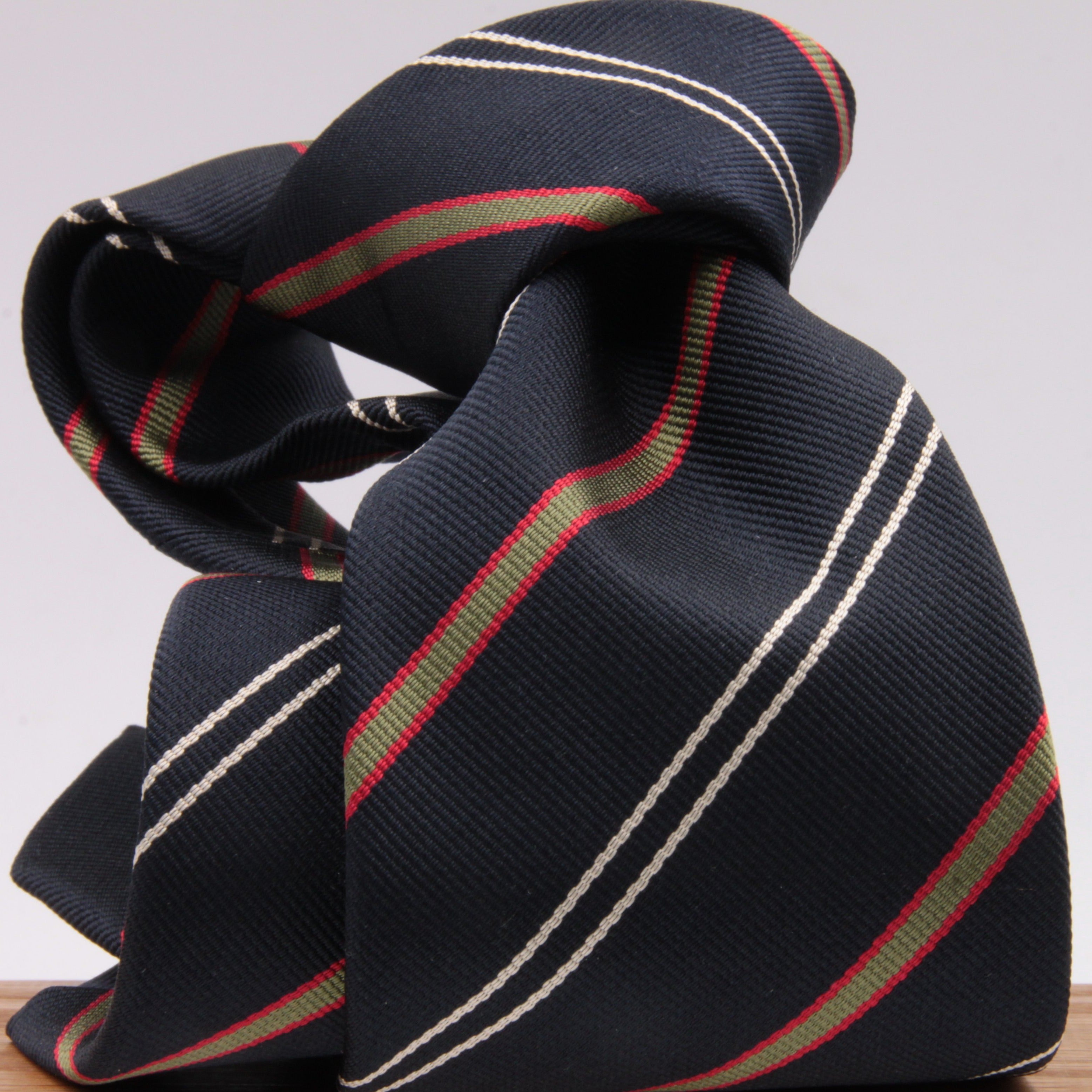 Holliday & Brown for Cruciani & Bella 100% Silk Jacquard  Regimental "Est and West Surrey Regiment Amalgamated" Blue, Olive, Red and White stripes tie Handmade in Italy 8 cm x 150 cm #5115