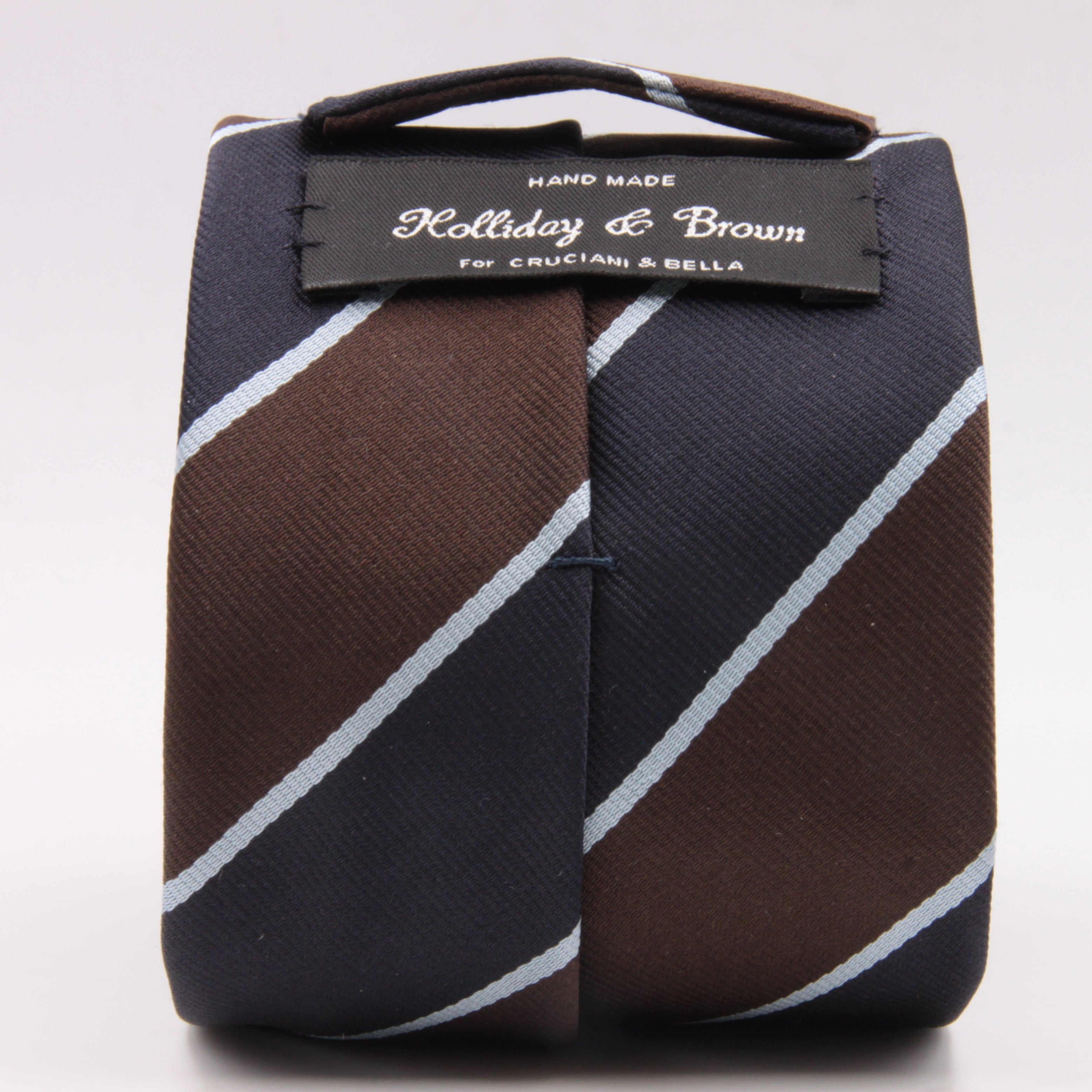 Holliday & Brown for Cruciani & Bella 100% Silk Jacquard  Regimental "University College Hospital" Blue, Brown and Light Blue stripes tie Handmade in Italy 8 cm x 150 cm #5117