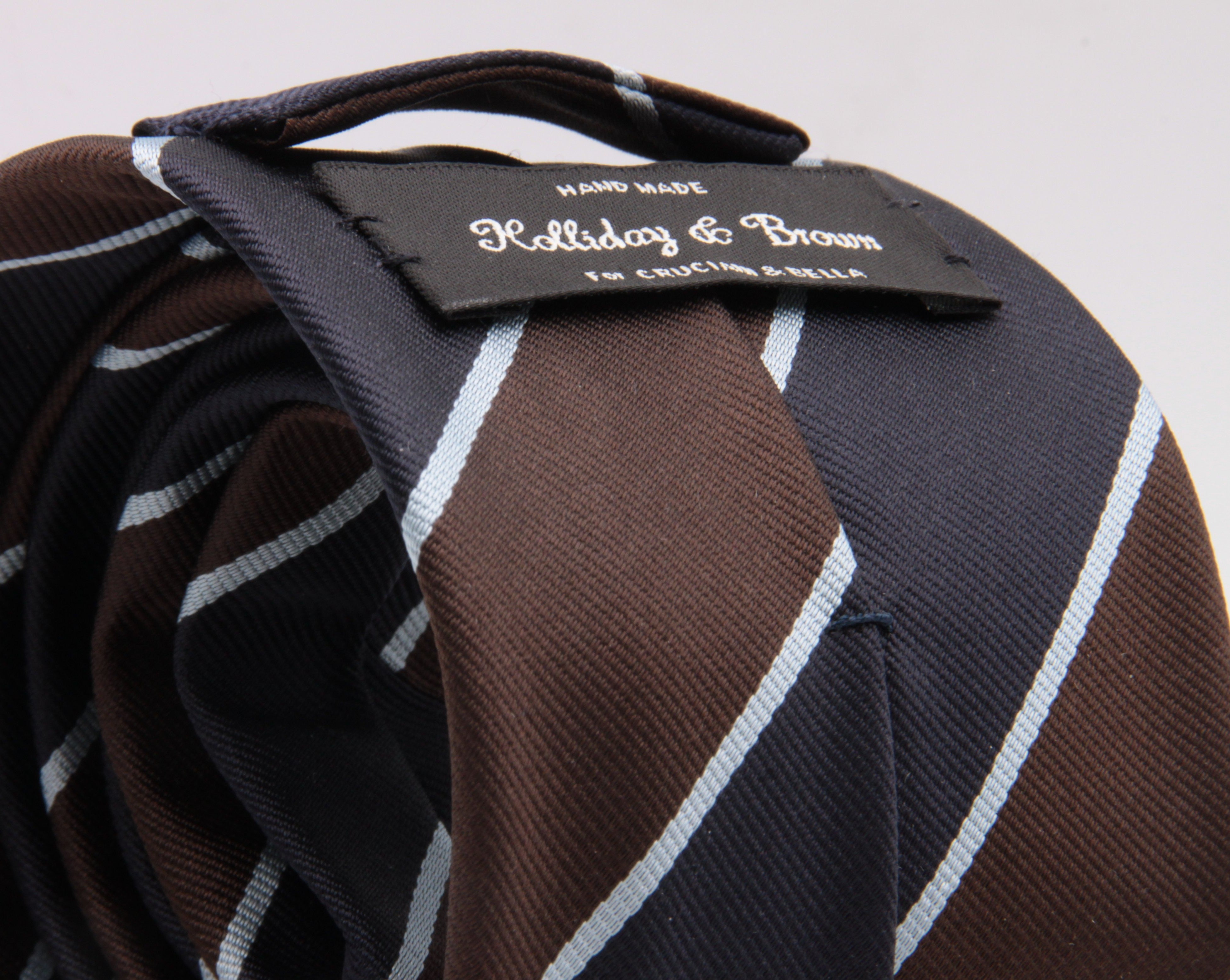 Holliday & Brown for Cruciani & Bella 100% Silk Jacquard  Regimental "University College Hospital" Blue, Brown and Light Blue stripes tie Handmade in Italy 8 cm x 150 cm #5117