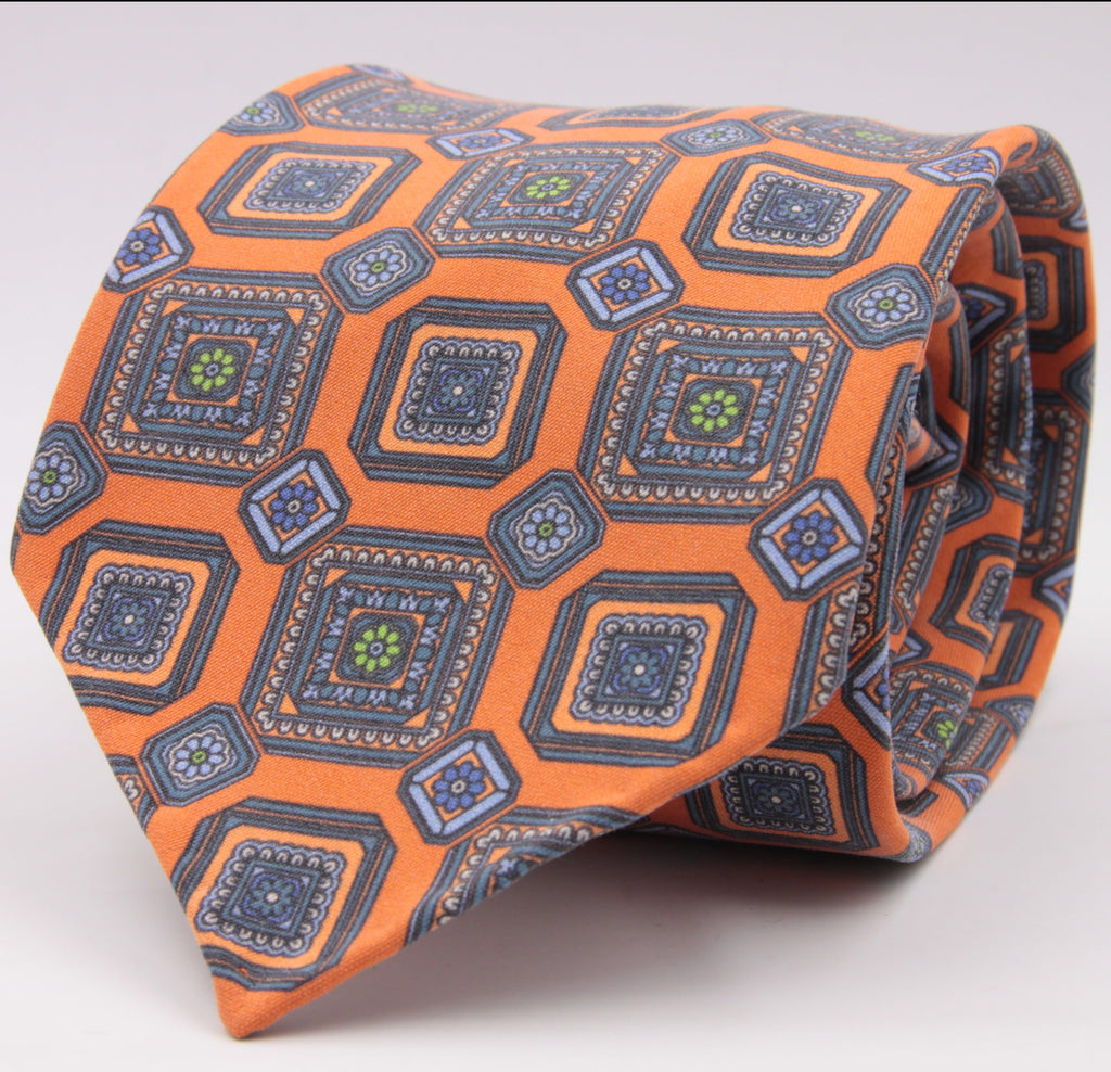 Cruciani & Bella 100% Mudder Silk Italian fabric Unlined Orange and Green unlined tie Handmade in Italy 8 cm x 150 cm #5558