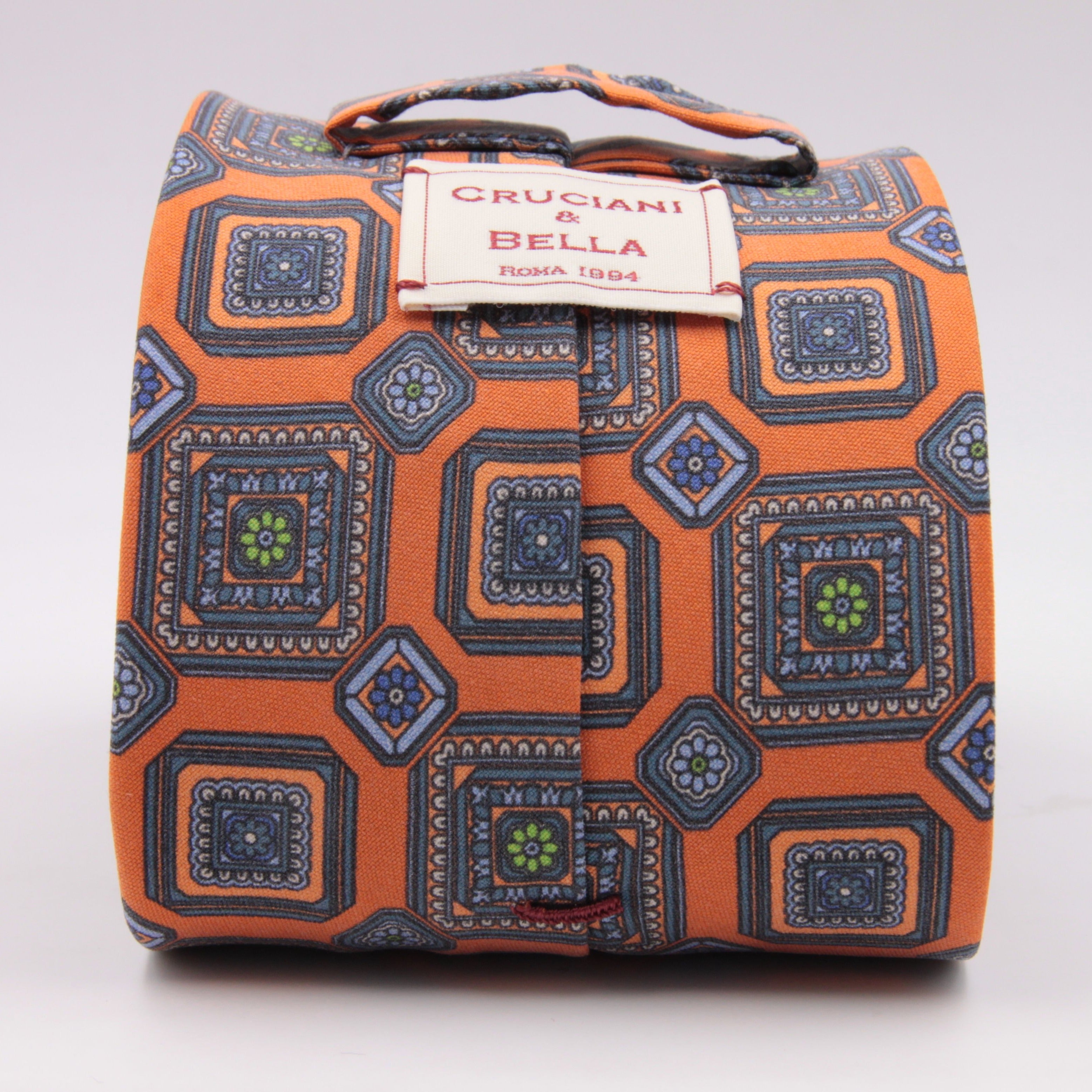 Cruciani & Bella 100% Mudder Silk Italian fabric Unlined Orange and Green unlined tie Handmade in Italy 8 cm x 150 cm #5558
