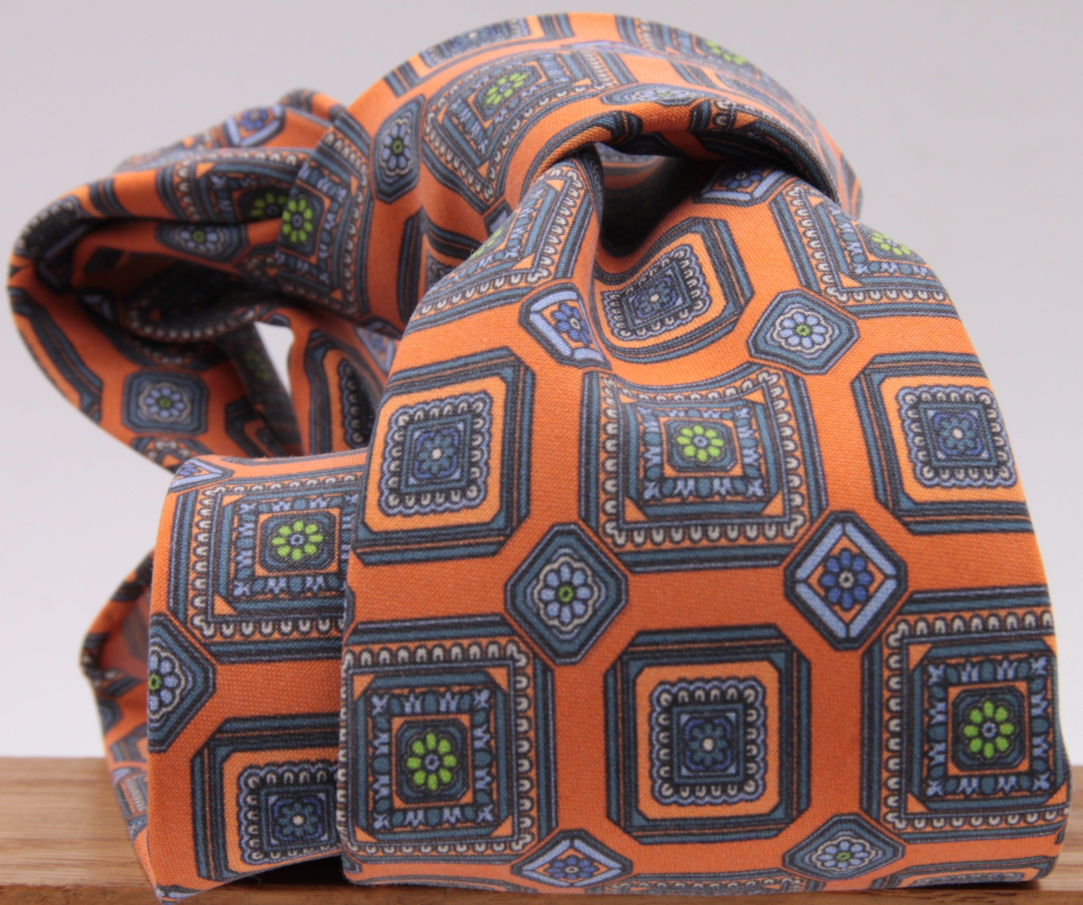 Cruciani & Bella 100% Mudder Silk Italian fabric Unlined Orange and Green unlined tie Handmade in Italy 8 cm x 150 cm #5558