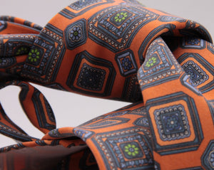 Cruciani & Bella 100% Mudder Silk Italian fabric Unlined Orange and Green unlined tie Handmade in Italy 8 cm x 150 cm #5558