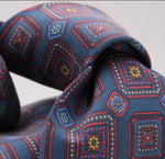 Cruciani & Bella 100% Mudder Silk Italian fabric Unlined Denim Blue, Red and Yellow unlined tie Handmade in Italy 8 cm x 150 cm #5560