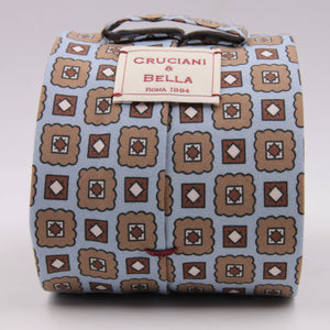 Cruciani & Bella 100% Madder Silk Italian fabric Unlined Light Blue, Brown and White tie 8 cm x 150 cm #5571