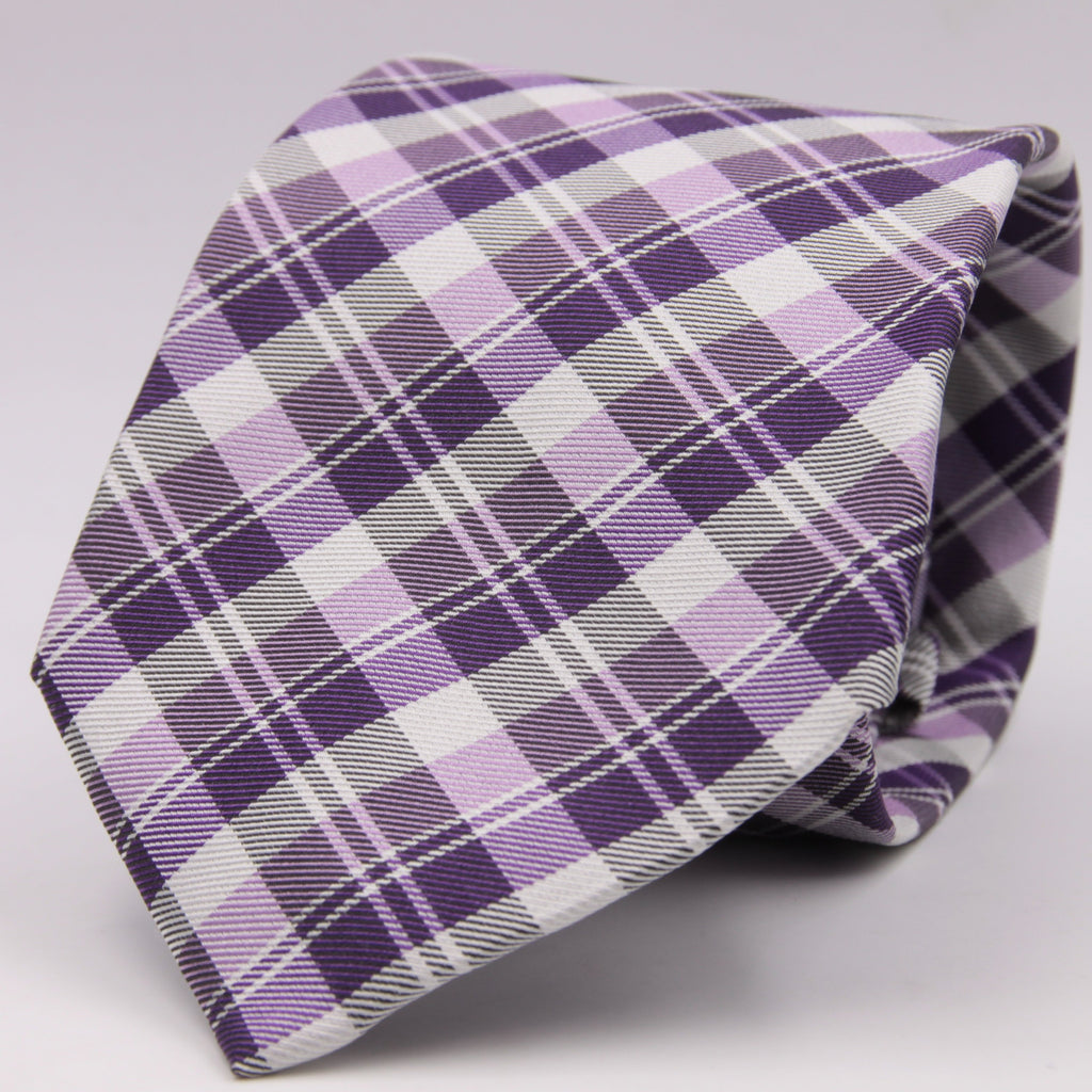 Cruciani & Bella 100% Woven Jacquard Silk Italian Fabric Self-Tipped Purple and White checked Tie Handmade in italy 8 x 150 cm #5618