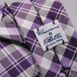 Cruciani & Bella 100% Woven Jacquard Silk Italian Fabric Self-Tipped Purple and White checked Tie Handmade in italy 8 x 150 cm #5618