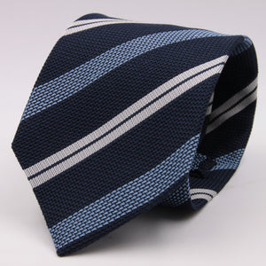 Drake's for Cruciani e Bella 100% Grenadine Silk Tipped Navy Blue, Light Blue and White stripes tie Handmade in London, England 8 cm x 150 cm #5264