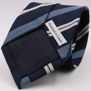 Drake's for Cruciani e Bella 100% Grenadine Silk Tipped Navy Blue, Light Blue and White stripes tie Handmade in London, England 8 cm x 150 cm #5264